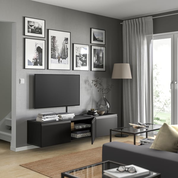 BESTÅ TV bench with doors, black-brown Hammarsmed/anthracite, 180x42x38 cm