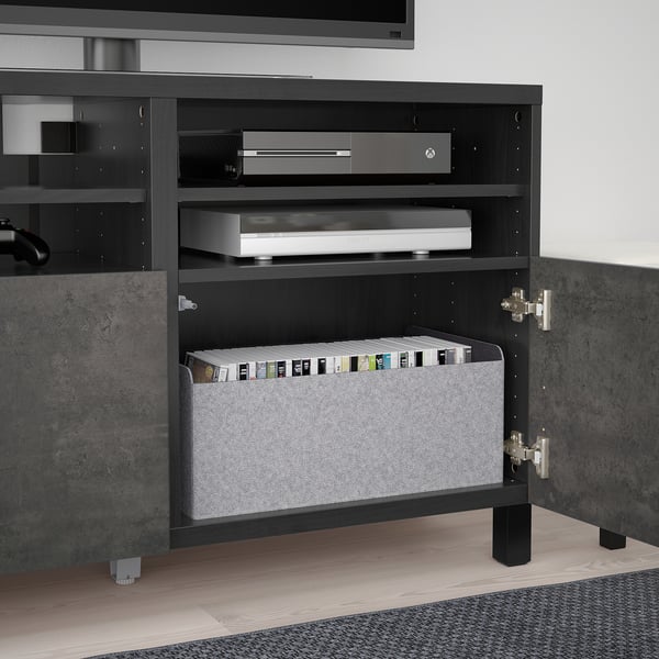 BESTÅ TV bench with doors, black-brown Kallviken/Stubbarp/dark grey concrete effect, 120x42x74 cm