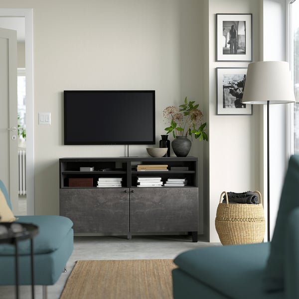 BESTÅ TV bench with doors, black-brown Kallviken/Stubbarp/dark grey concrete effect, 120x42x74 cm