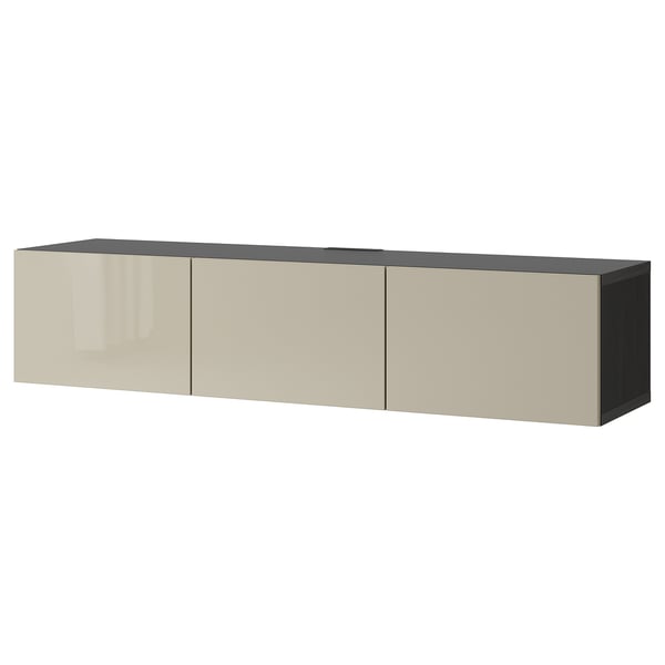BESTÅ TV bench with doors, black-brown/Selsviken high-gloss/beige, 180x42x38 cm