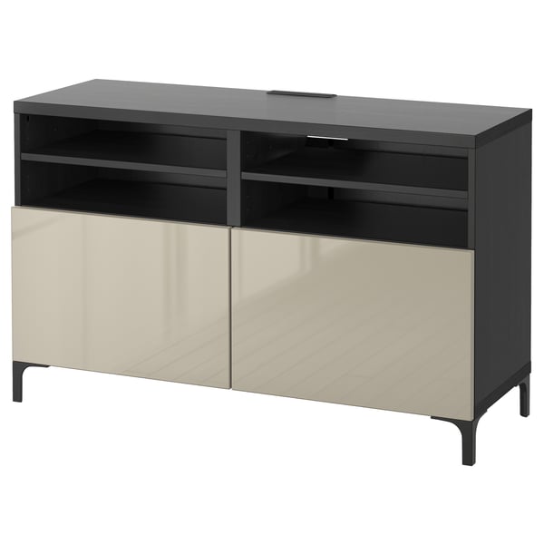 BESTÅ TV bench with doors, black-brown/Selsviken/Nannarp high-gloss/beige, 120x42x74 cm