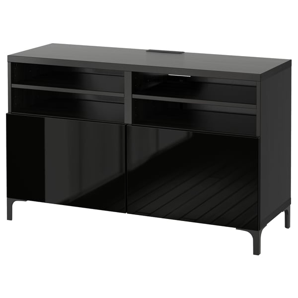 BESTÅ TV bench with doors, black-brown/Selsviken/Nannarp high-gloss/black, 120x42x74 cm