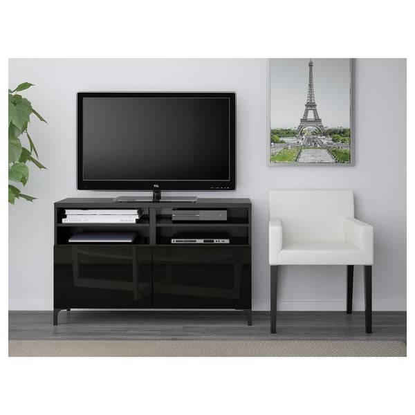BESTÅ TV bench with doors, black-brown/Selsviken/Nannarp high-gloss/black, 120x42x74 cm
