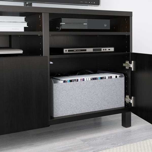 BESTÅ TV bench with doors, black-brown/Selsviken/Stubbarp dark olive-green, 120x42x74 cm