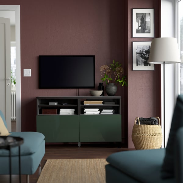 BESTÅ TV bench with doors, black-brown/Selsviken/Stubbarp dark olive-green, 120x42x74 cm