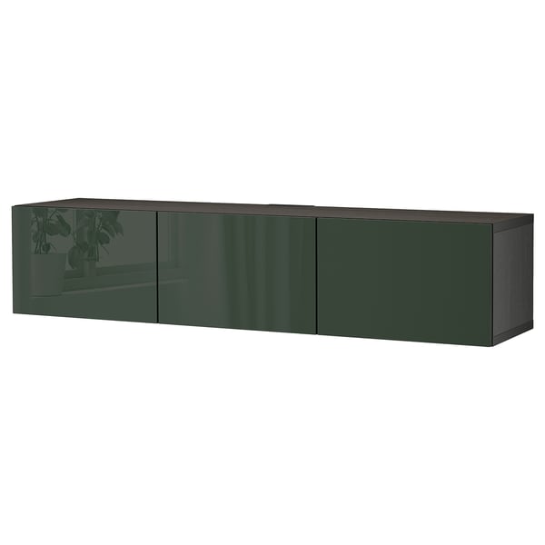 BESTÅ TV bench with doors, black-brown/Selsviken dark olive-green, 180x42x38 cm