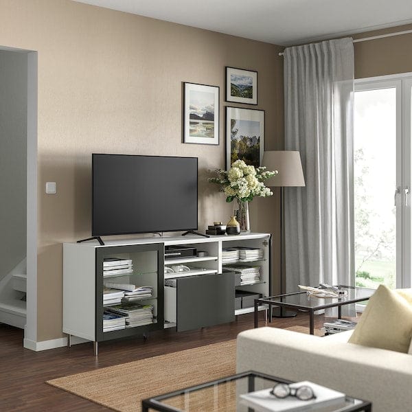 Ikea BESTÅ - TV bench with drawers, white Sindvik/Lappviken/Stubbarp dark grey, 180x42x74 cm