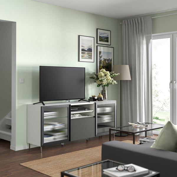 BESTÅ TV bench with drawers, white Västerviken/Fällsvik anthracite, 180x42x74 cm