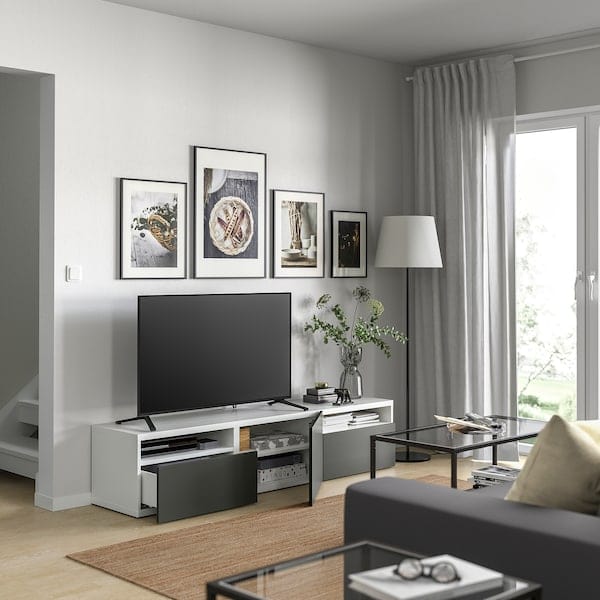 Ikea BESTÅ - TV bench with drawers and door, white/Lappviken dark grey, 180x42x39 cm