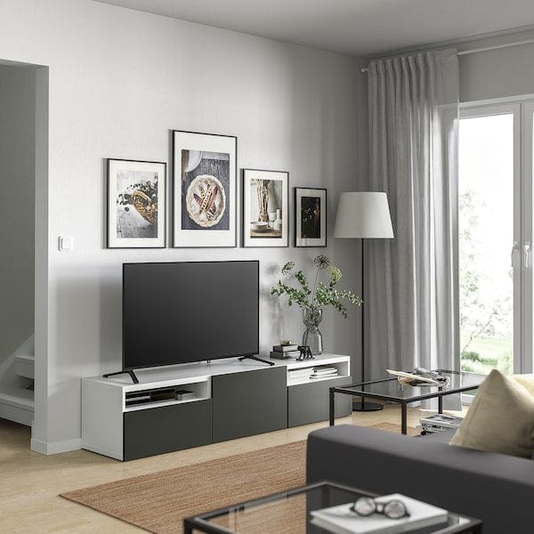 Ikea BESTÅ - TV bench with drawers and door, white/Lappviken dark grey, 180x42x39 cm