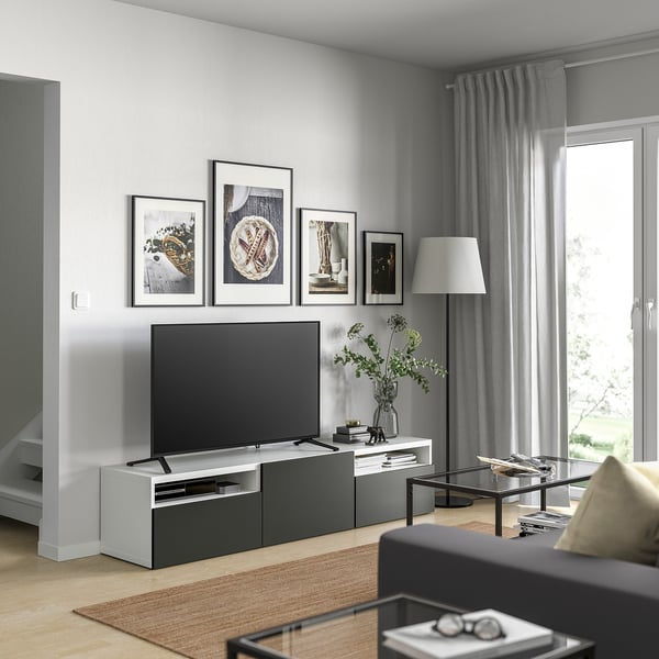 BESTÅ TV bench with drawers and door, white/Lappviken dark grey, 180x42x39 cm