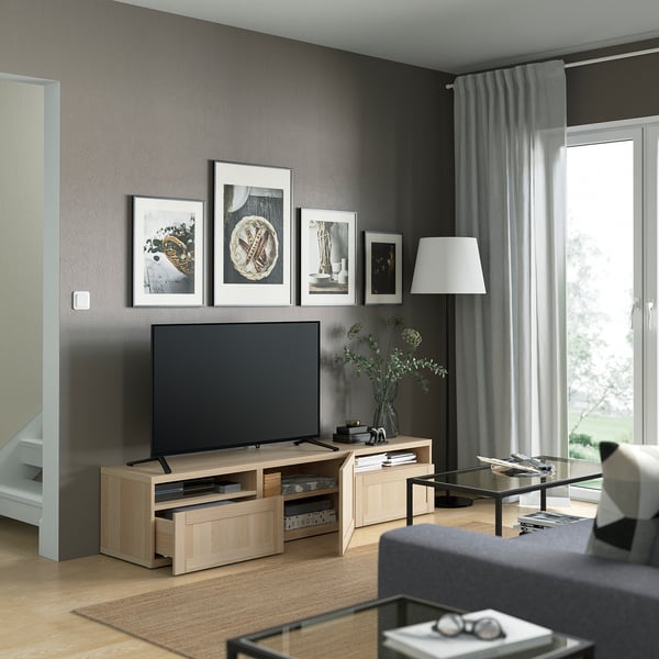 BESTÅ TV bench with drawers and door, white stained oak effect/Hanviken white stained oak effect, 180x42x39 cm