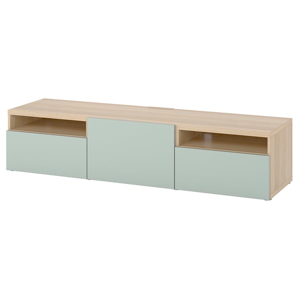 BESTÅ TV bench with drawers and door, white stained oak effect/Hjortviken pale grey-green, 180x42x39 cm