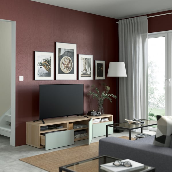 BESTÅ TV bench with drawers and door, white stained oak effect/Hjortviken pale grey-green, 180x42x39 cm