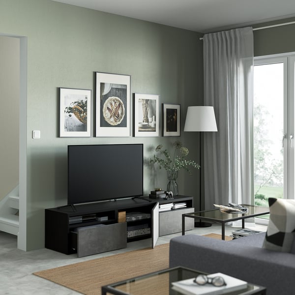 BESTÅ TV bench with drawers and door, black-brown/Kallviken dark grey, 180x42x39 cm