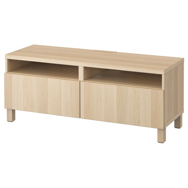BESTÅ TV bench with drawers, white/Selsviken/Stubbarp light grey-blue, 120x42x48 cm