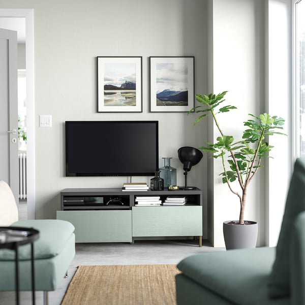 BESTÅ TV bench with drawers, dark grey/Hjortviken/Ösarp pale grey-green, 120x42x48 cm