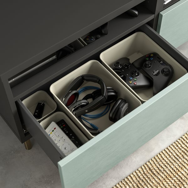 BESTÅ TV bench with drawers, dark grey/Hjortviken/Ösarp pale grey-green, 120x42x48 cm