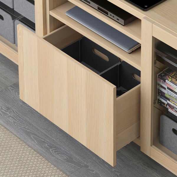 BESTÅ TV bench with drawers, Lappviken/Sindvik white stained oak eff clear glass, 180x42x74 cm