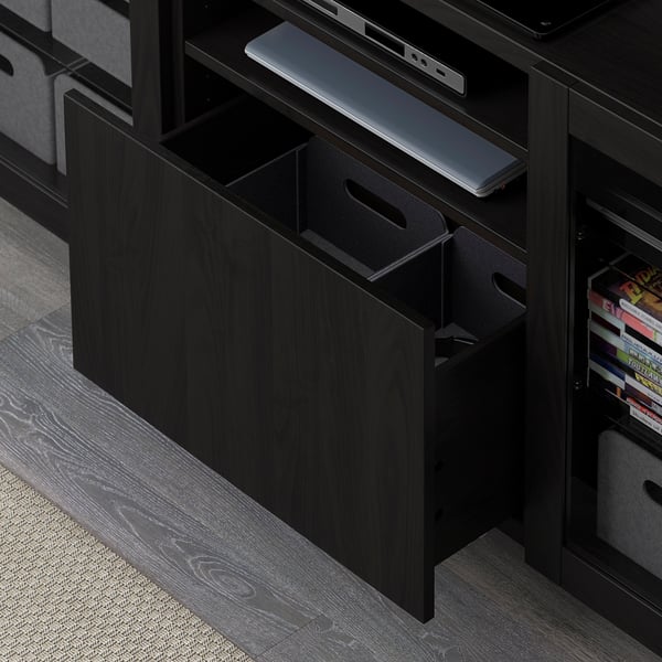 BESTÅ TV bench with drawers, Lappviken/Sindvik black-brown clear glass, 180x42x74 cm