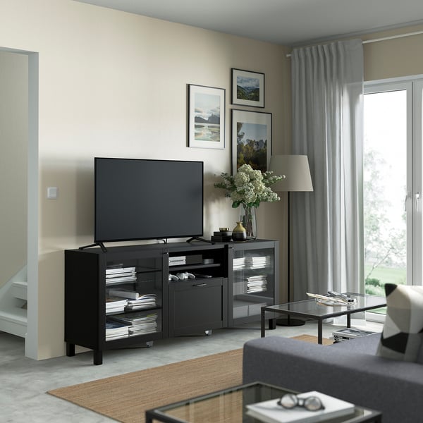 BESTÅ TV bench with drawers, black-brown/Hanviken/Stubbarp black-brown clear glass, 180x42x74 cm
