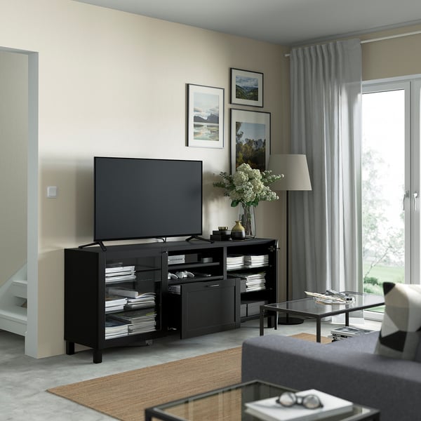 BESTÅ TV bench with drawers, black-brown/Hanviken/Stubbarp black-brown clear glass, 180x42x74 cm