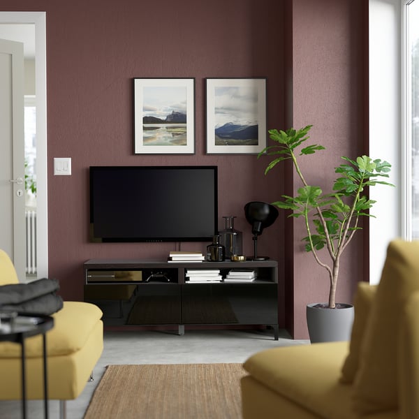 BESTÅ TV bench with drawers, black-brown/Selsviken high-gloss/black, 120x42x48 cm