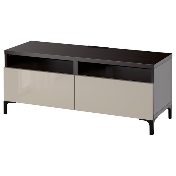 BESTÅ TV bench with drawers, black-brown/Selsviken/Nannarp high-gloss/beige, 120x42x48 cm