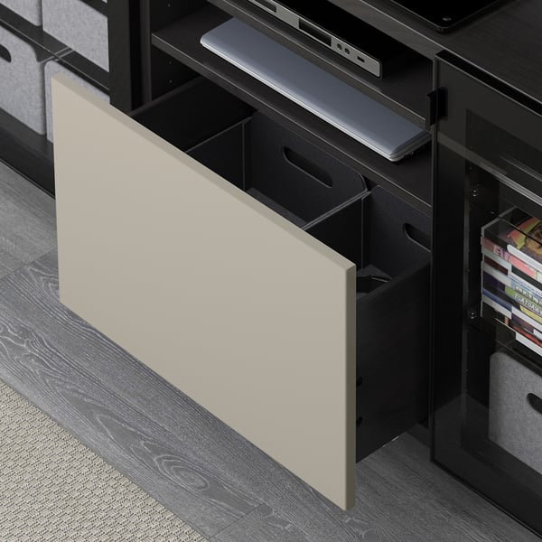 BESTÅ TV bench with drawers, black-brown/Selsviken/Nannarp high-gloss/beige clear glass, 180x42x74 cm