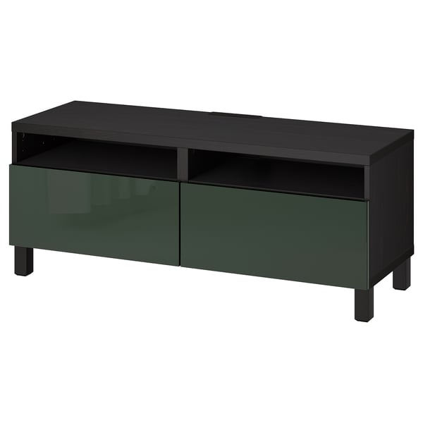 BESTÅ TV bench with drawers, black-brown/Selsviken/Stubbarp dark olive-green, 120x42x48 cm