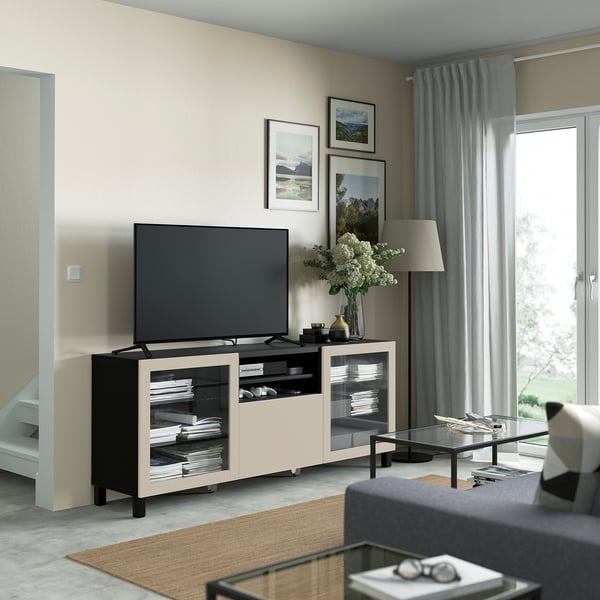 BESTÅ TV bench with drawers, black-brown Sindvik/Lappviken/Stubbarp light grey/beige, 180x42x74 cm