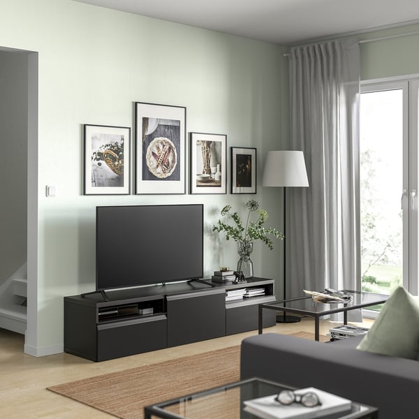 BESTÅ TV bench, black-brown/Hammarsmed anthracite, 180x42x39 cm