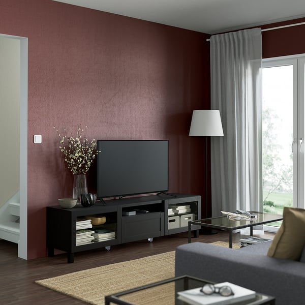 BESTÅ TV bench, black-brown/Hanviken/Stubbarp black-brown clear glass, 180x42x48 cm