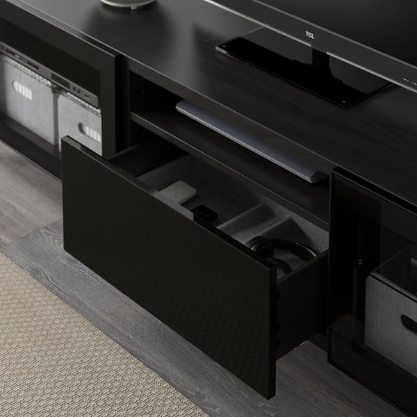 BESTÅ TV bench, black-brown/Selsviken/Nannarp high-gloss/black clear glass, 180x42x48 cm