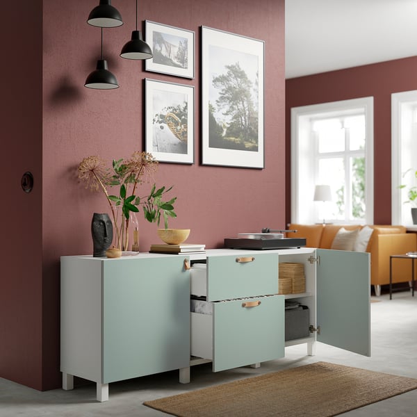 BESTÅ storage combination with drawers, white/Hjortviken pale grey-green, 180x42x74 cm