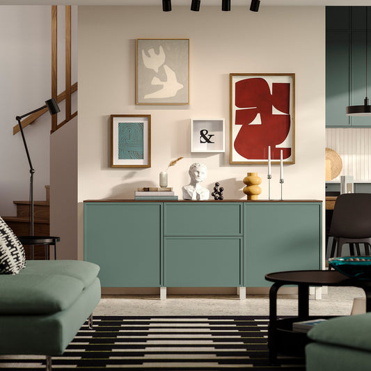 BESTÅ storage combination with drawers, white/Krukmakare dark grey-green, 180x42x75 cm