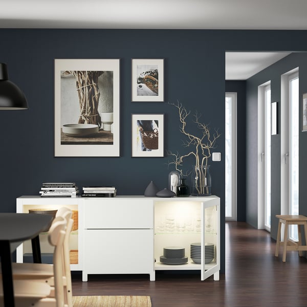 BESTÅ storage combination with drawers, white Lappviken/Sindvik/Stubbarp white clear glass, 180x42x74 cm