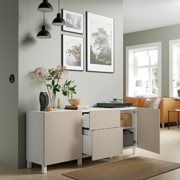 BESTÅ storage combination with drawers, white Lappviken/Stubbarp/light grey/beige, 180x42x74 cm
