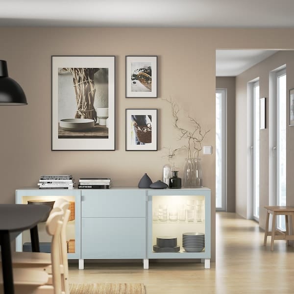 Ikea BESTÅ - Storage combination with drawers, white Selsviken/Stubbarp/light grey-blue clear glass, 180x42x74 cm