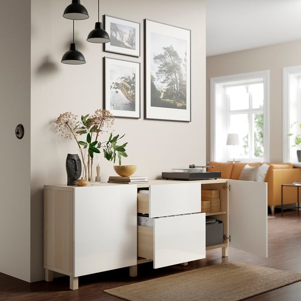 BESTÅ storage combination with drawers, white stained oak effect/Selsviken/Stubbarp high-gloss/white, 180x42x74 cm