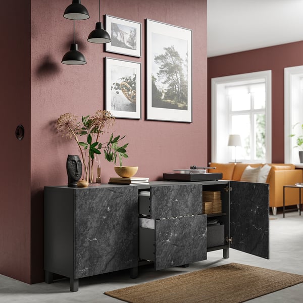 BESTÅ storage combination with drawers, dark grey/Bergsviken/Stubbarp black, 180x42x74 cm
