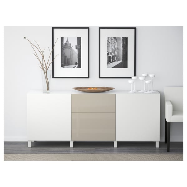 BESTÅ storage combination with drawers, Laxviken white/Selsviken high-gloss/beige, 180x42x74 cm