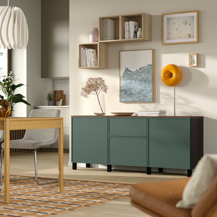 BESTÅ storage combination with drawers, black-brown Krukmakare/dark grey-green walnut effect, 180x42x75 cm