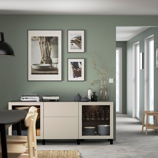 BESTÅ storage combination with drawers, black-brown Lappviken/Stubbarp/light grey-beige clear glass, 180x42x74 cm