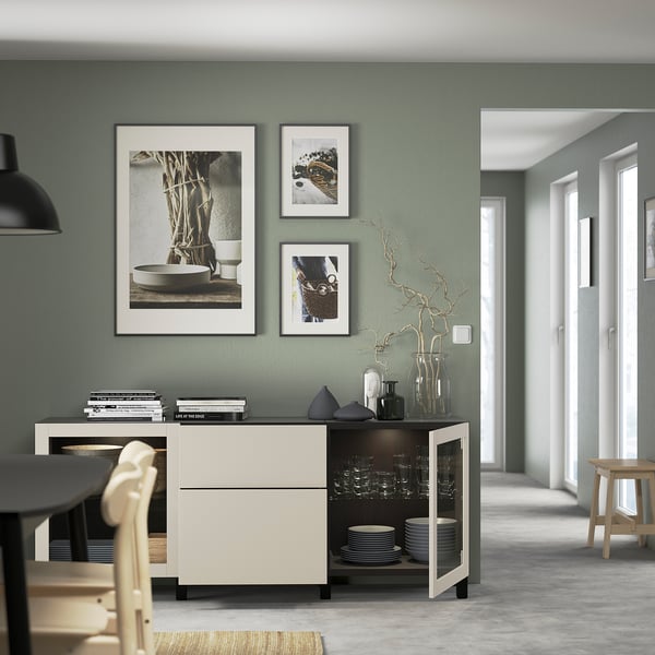 BESTÅ storage combination with drawers, black-brown Lappviken/Stubbarp/light grey-beige clear glass, 180x42x74 cm