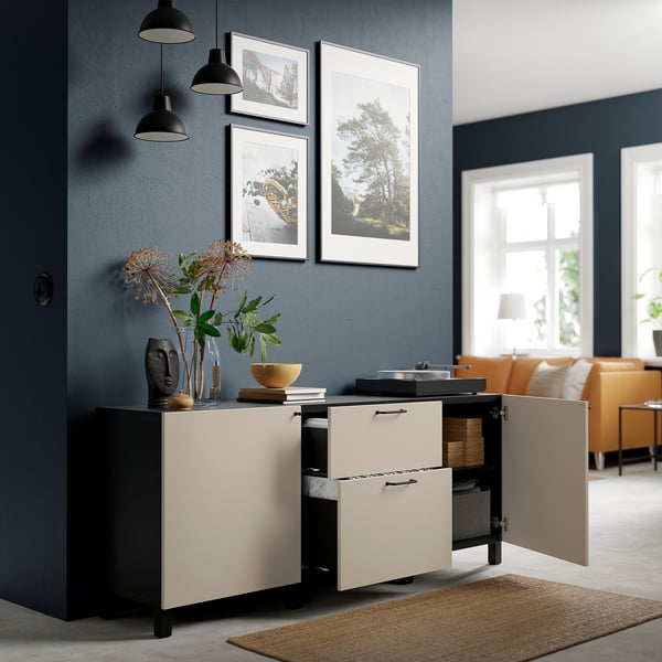 BESTÅ storage combination with drawers, black-brown/Lappviken/Stubbarp light grey-beige, 180x42x74 cm