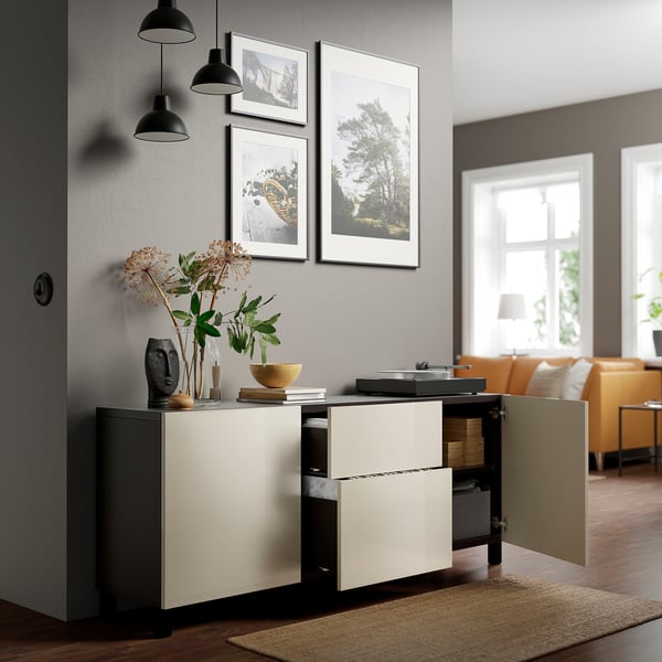 BESTÅ storage combination with drawers, black-brown/Selsviken/Stubbarp high-gloss/beige, 180x42x74 cm