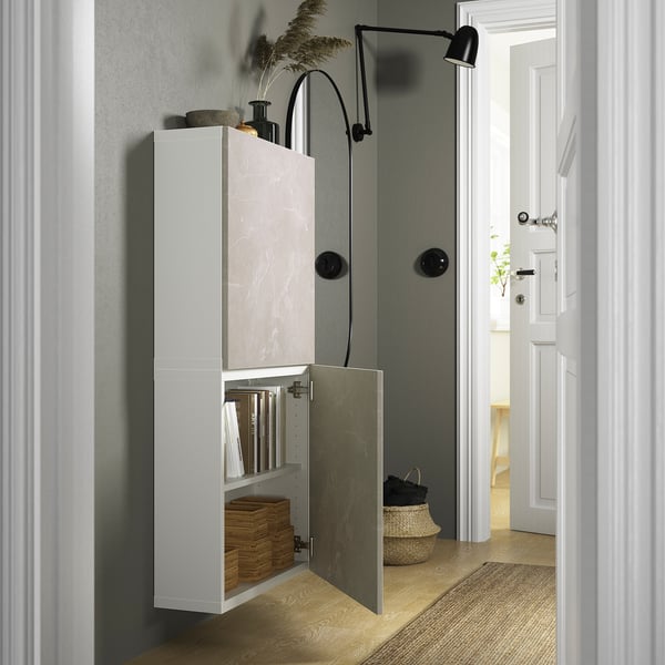 BESTÅ wall cabinet with 2 doors, white Bergsviken/beige marble effect, 60x22x128 cm