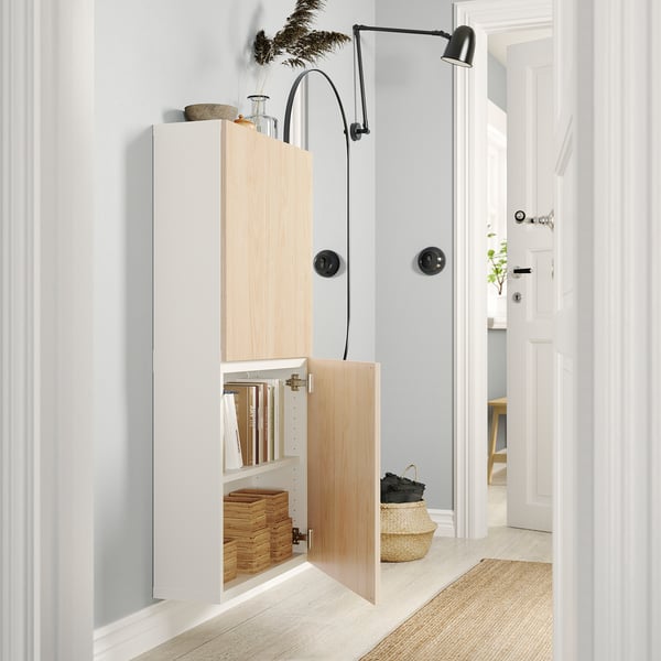BESTÅ wall cabinet with 2 doors, white/Fänrik ash, 60x22x128 cm