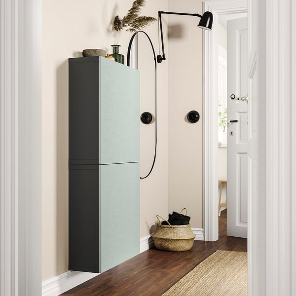 BESTÅ wall cabinet with 2 doors, dark grey/Hjortviken pale grey-green, 60x22x128 cm
